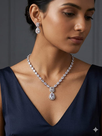 Luxury Crystal Drop Necklace & Earrings Set – Square Accent Teardrop Pendant Bridal Jewelry