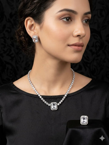Elegant Emerald-Cut Crystal Jewelry Set – Luxury Necklace & Stud Earrings for Women