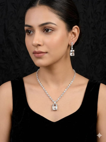 Classic Square-Cut Crystal Pendant Necklace & Earrings Set – Minimalist Luxury Jewelry