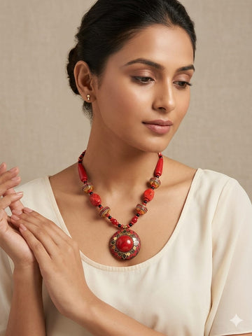 Boho Red Statement Beaded Necklace with Ethnic Round Pendant