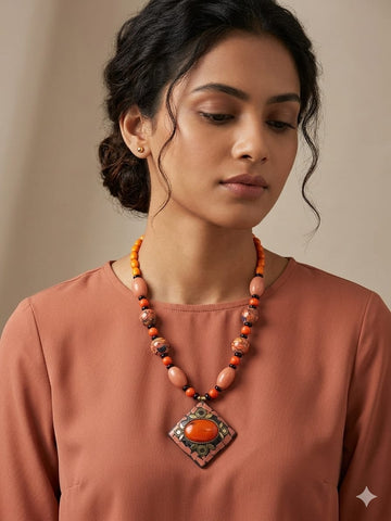 Bohemian Orange Beaded Necklace with Vintage Square Statement Pendant