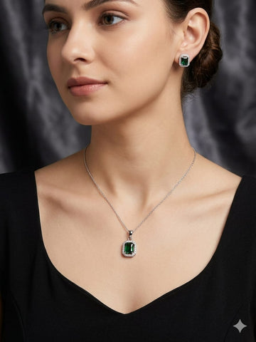 Emerald Green Rectangle Crystal Pendant Necklace & Stud Earrings Set – Elegant Silver-Tone Jewelry