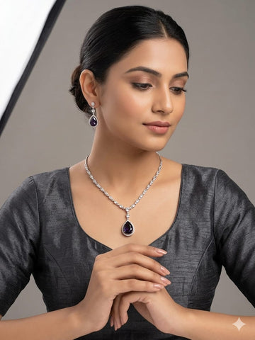 Luxury Purple Teardrop Crystal Necklace & Earrings Set – Elegant Evening Jewelry