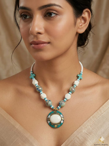 Bohemian Turquoise & White Beaded Necklace with Statement Pendant – Ethnic Artisan Jewelry