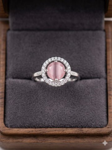 Elegant Pink Gemstone Halo Ring – Silver-Tone Crystal Accent Statement Ring for Women