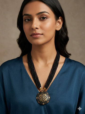 Multi-Strand Black Beaded Necklace with Vintage Round Pendant – Bold Ethnic Statement Jewelry