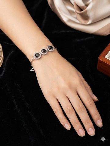 Elegant Black Stone Halo Bracelet – Luxury Crystal Link Bracelet for Women