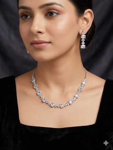 Luxury Geometric Crystal Necklace & Drop Earrings Set – Elegant Silver-Tone Statement Jewelry