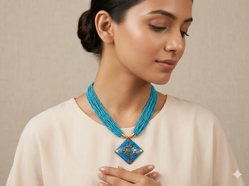 Bohemian Turquoise Multi-Strand Beaded Necklace with Vintage Square Pendant