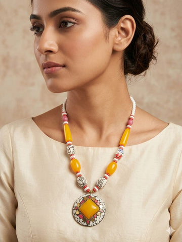 Boho Chic Beaded Necklace with Geometric Pendant – Handmade Ethnic Statement Jewelry for Women
