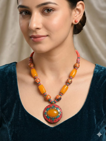 Boho Orange Beaded Necklace with Mosaic Statement Pendant – Ethnic Artisan Jewelry