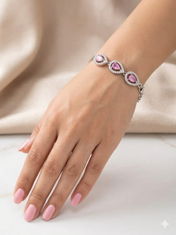 Elegant Pink Gemstone Teardrop Bracelet – Silver-Tone Crystal Halo Jewelry