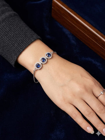 Elegant Sapphire Halo Bracelet – Sterling Silver Blue Gemstone Chain Bracelet for Women