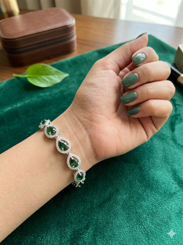 Luxury Green Gemstone Teardrop Bracelet – Silver-Tone Crystal Halo Statement Jewelry