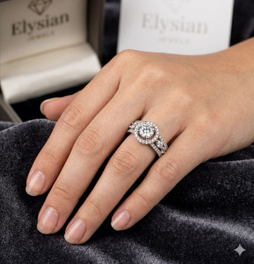 Radiant Halo Diamond Engagement Ring Set – Vintage-Inspired Double Band