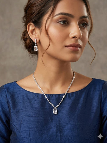 Classic Crystal Pendant Necklace & Drop Earrings Set – Elegant Minimalist Jewelry for Women