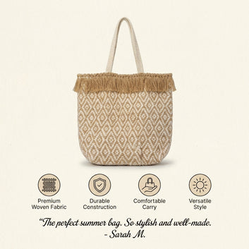 Bohemian Diamond Macramé Tote Bag with Fringe - Hand-Woven Cotton Beach Bag