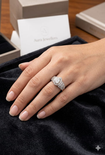 Elegant Pear Halo Diamond Ring Set – Multi-Band Luxe Design