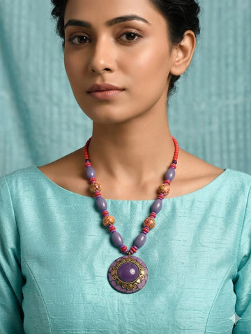 Bohemian Purple Beaded Necklace with Round Pendant – Artistic Ethnic Statement Jewelry