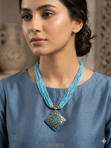 Minimalist Sky Blue Beaded Necklace – Elegant Multi-Strand Statement Jewelry