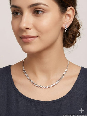 Delicate Leaf Design Crystal Necklace & Earrings Set – Elegant Silver-Tone CZ Jewelry