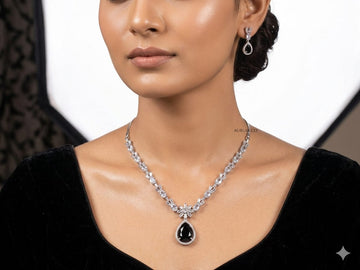 Elegant Black Onyx Teardrop Necklace & Earrings Set – Luxury Crystal Bridal Jewelry