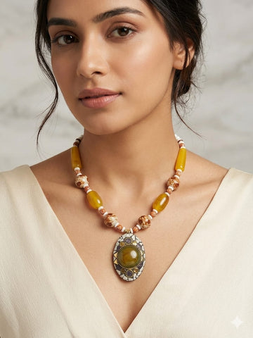 Bohemian Statement Beaded Necklace with Oval Pendant – Vintage Ethnic Jewelry for Women