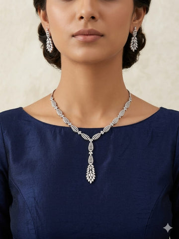 Elegant Crystal Drop Necklace & Dangle Earrings Set – Silver-Tone Leaf Cascade Design