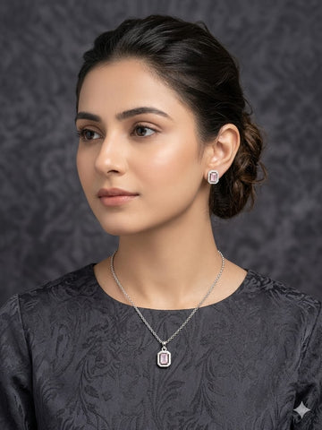 Elegant Pink Crystal Pendant Necklace & Earrings Set – Minimalist Silver Jewelry