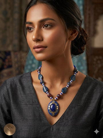 Royal Blue Stone Statement Necklace – Handcrafted Ethnic Beaded Pendant Jewelry