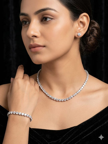 Classic Diamond Tennis Necklace Set – Elegant Round-Cut Crystal Necklace with Matching Studs & Bracelet