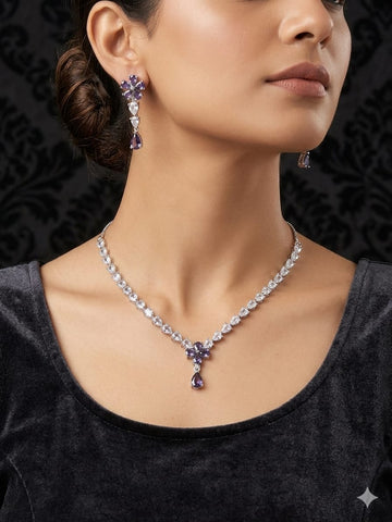 Luxury Floral Amethyst Drop Necklace & Earrings Set – Elegant Crystal Bridal Jewelry