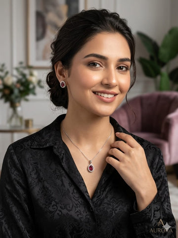 Luxury Ruby Red Crystal Pendant Necklace & Earrings Set – Elegant Silver Jewelry