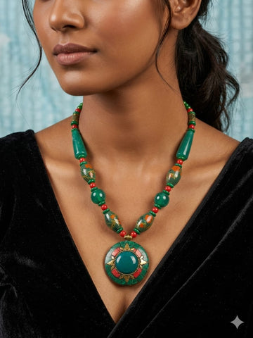 Bohemian Green Stone Statement Necklace – Handcrafted Ethnic Beaded Jewelry