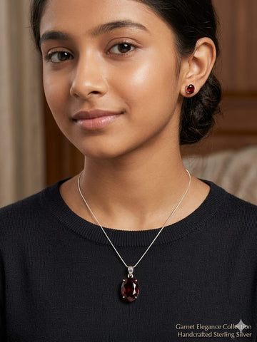 Garnet Red Oval Crystal Pendant Necklace & Stud Earrings Set – Sterling Silver Elegance