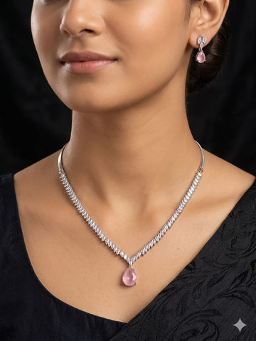 Elegant Pink Teardrop Crystal Necklace Set – Diamond-Style Leaf Chain with Matching Earrings