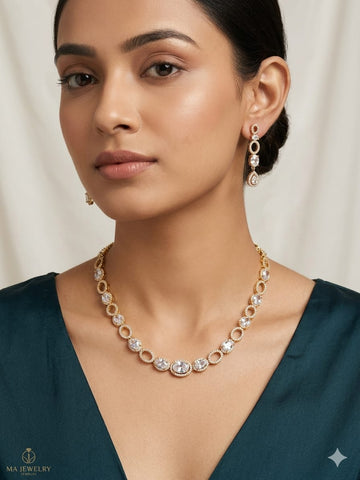 Luxury Gold Crystal Necklace & Drop Earrings Set – Elegant Bridal & Party Jewelry for Women