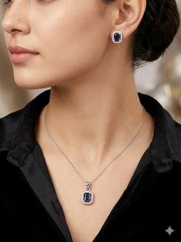 Midnight Sapphire Crystal Pendant Necklace & Stud Earrings Set – Silver-Tone Luxury Jewelry