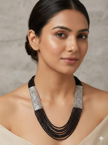 Elegant Multi-Layer Black Beaded Statement Necklace with Antique Silver Panels – Ethnic Luxury Jewelry