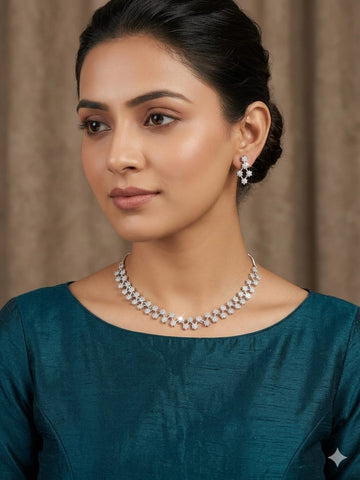 Delicate Floral Crystal Choker Necklace & Earrings Set – Silver-Tone Bridal Jewelry