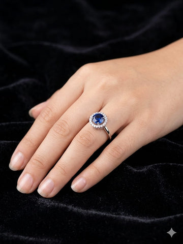 Classic Sapphire Halo Ring – Round Blue Gemstone with Diamond Accent Setting