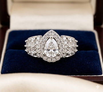 Luxury Pear-Cut Halo Diamond Ring – Multi-Row Pavé Band Statement Engagement Ring for Women