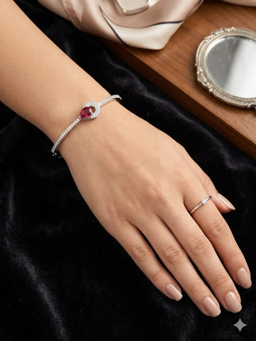 Elegant Heart Ruby Bracelet with Diamond Accent – Adjustable Silver Bangle