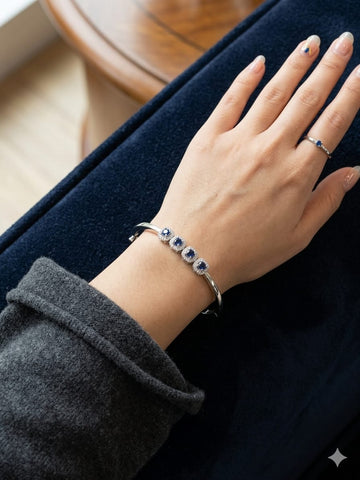 Elegant Sapphire Halo Bracelet & Ring Set – Silver Crystal Accent Jewelry