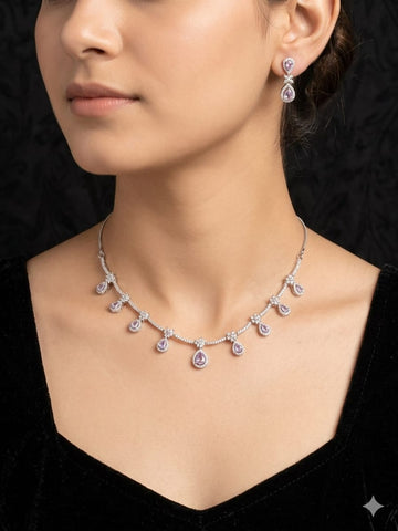 Elegant Pink Teardrop Diamond Necklace & Earring Set – Luxury Bridal Jewelry