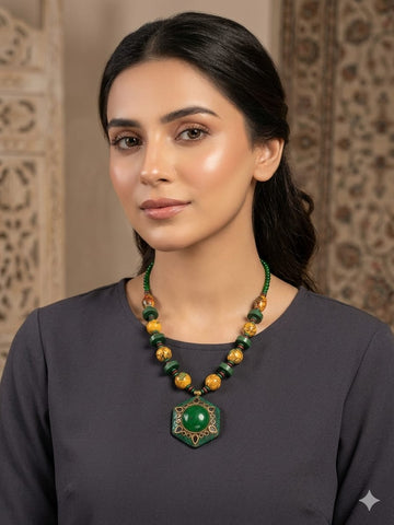 Handcrafted Green Stone Statement Necklace – Ethnic Beaded Pendant Jewelry