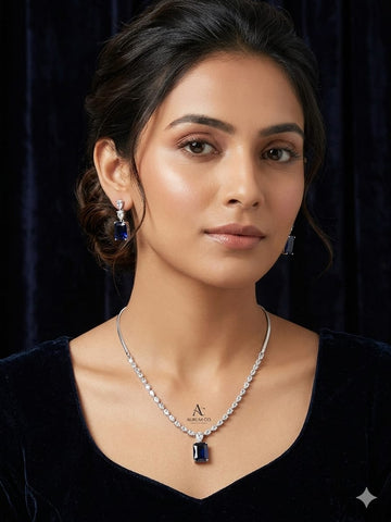 Modern Sapphire Blue Square Pendant Necklace & Earrings Set – Elegant Crystal Jewelry