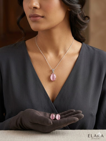 Elegant Rose Quartz Pendant Necklace & Stud Earrings Set – Silver-Plated Minimalist Jewelry for Women