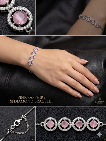 Elegant Pink Sapphire Halo Bracelet with Diamond Accents – Luxury Silver-Tone Adjustable Chain