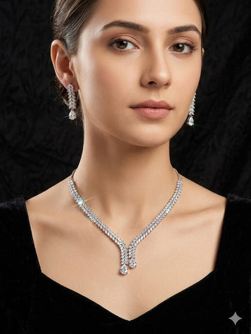 Elegant V-Shaped Diamond Necklace & Drop Earrings Set – Luxury Bridal Jewelry
